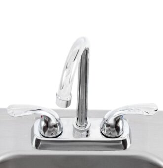 Lion 15 X 15 Stainless Steel Sink With Hot/Cold Faucet Close up with Hot and Cold Water valves outdoor rated stainless steel.