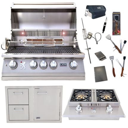 LLion Premium Grills Package Deal: L75000 32-Inch Grill, Door and Drawer Combo, Double Side Burner, & 5-in-1 BBQ Tool Set