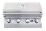 Lion L60000 32-Inch 4-Burner Stainless Steel Built-In Grill Closed Lid showing XL Temperature Gauge 65625 or 65623