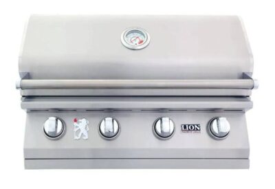 Lion BBQ Direct Lion L60000 32-Inch 4-Burner Stainless Steel Built-In BBQ Grill Closed Lid showing XL Temperature Gauge