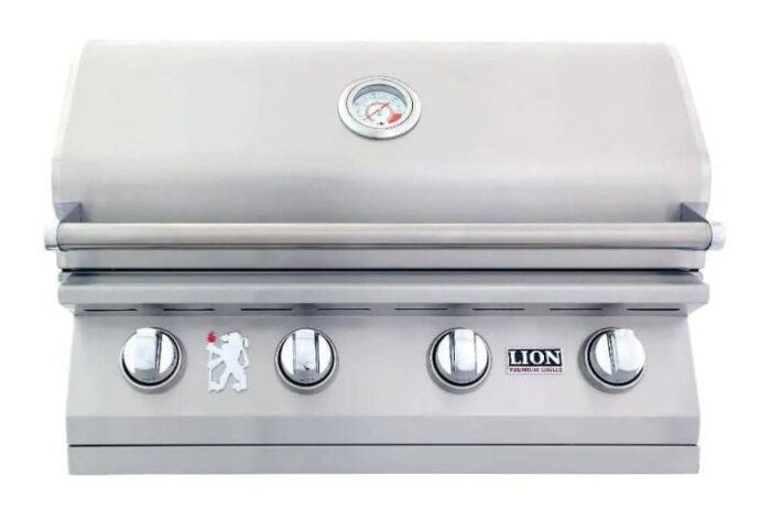 Lion L60000 32-Inch 4-Burner Stainless Steel Built-In Grill Closed Lid showing XL Temperature Gauge 65625 or 65623