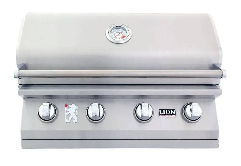 Lion L60000 32-Inch 4-Burner Stainless Steel Built-In Grill Closed Lid showing XL Temperature Gauge 65625 or 65623