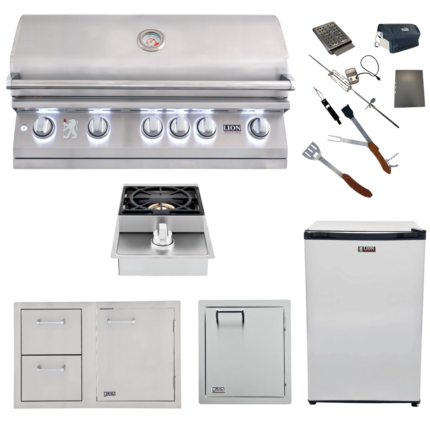 Lion Premium Grills Package Deal: L90000 40-Inch Grill, 33-Inch Door and Drawer Combo, Refrigerator, Single Side Burner, Vertical Door, & 5-in-1 BBQ Tool Set