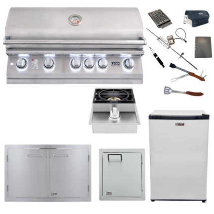 Lion Premium Grills Package Deal: L90000 40-Inch Grill, 33" Double Door, Refrigerator, Single Side Burner, Single Vertical Door, & 5-in-1 BBQ Tool Set