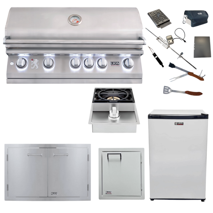 Lion Premium Grills Package Deal: L90000 40-Inch Grill, 33" Double Door, Refrigerator, Single Side Burner, Single Vertical Door, & 5-in-1 BBQ Tool Set