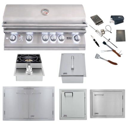 Lion Premium Grills Package Deal: L90000 40-Inch Grill, 33-Inch Double Door, Single Side Burner, Single Vertical Door, Single Horizontal Door, Ice Bin, & 5-in-1 BBQ Tool Set