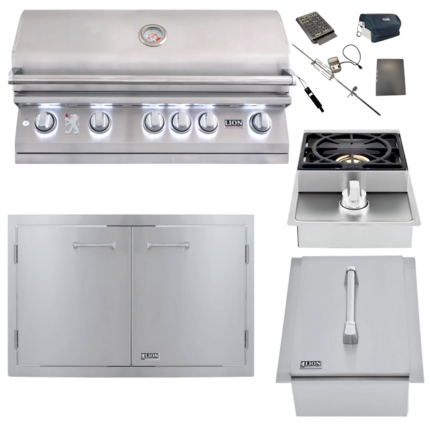 Lion Premium Grills Package Deal: L90000 40-Inch Grill, 33-Inch Double Door x2, Single Side Burner, Ice Bin, & 5-in-1 BBQ Tool Set