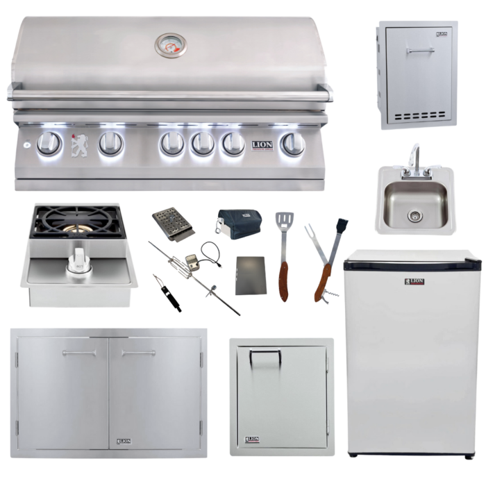 Lion Premium Grills Package Deal: L90000 40-Inch Grill, 33-Inch Double Door, Single Side Burner, Single Vertical Door, 15x15 Sink, Refrigerator, Multi-Functional Drawer, & 5-in-1 BBQ Tool Set