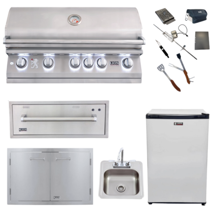 Lion Premium Grills Package Deal: L90000 40-Inch Grill, 33-Inch Double Door, Warming Drawer, 15x15 Sink, Refrigerator, & 5-in-1 BBQ Tool Set