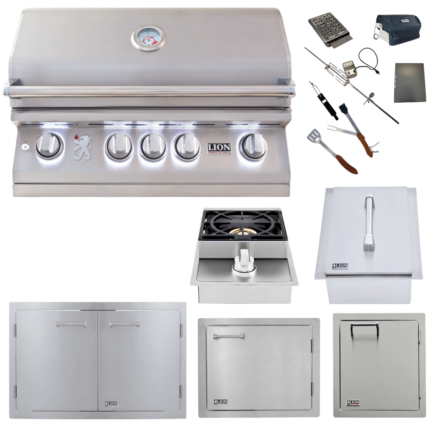 Lion Premium Grills Package Deal: L75000 32-Inch Grill, 33-Inch Double Door, Ice Bin, Single Side Burner, Single Vertical Door, Single Horizontal Door, & 5-in-1 BBQ Tool Set