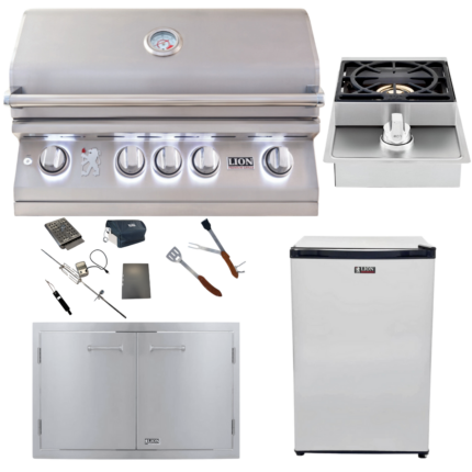 Lion Premium Grills Package Deal: L75000 32-Inch Grill, 33-Inch Double Door, Refrigerator, Single Side Burner, & 5-in-1 BBQ Tool Set