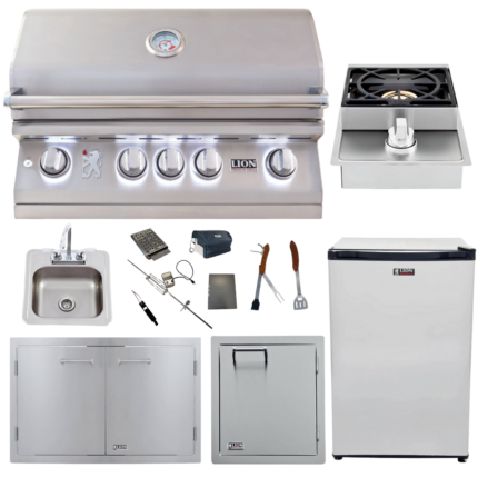 Lion Premium Grills Package Deal: L75000 32-Inch Grill, 33-Inch Double Door, Single Side Burner, Single Vertical Door, Sink, Refrigerator, & 5-in-1 BBQ Tool Set