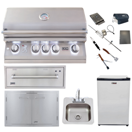 Lion Premium Grills Package Deal: L75000 32-Inch Grill, 33-Inch Double Door, Sink, 30-Inch Warming Drawer, Refrigerator, & 5-in-1 BBQ Tool Set