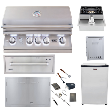 Lion Premium Grills Package Deal: L75000 32-Inch Grill, 33-Inch Double Door, Single Side Burner, 30-Inch Warming Drawer, Multi-Functional Bin, Refrigerator, & 5-in-1 BBQ Tool Set