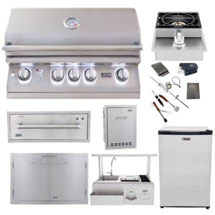 Lion Premium Grills Package Deal: L75000 32-Inch Grill, 33-Inch Double Door, Single Side Burner, Single Horizontal Door, 30" Bar Center, Multi-Functional Bin, Refrigerator, & 5-in-1 BBQ Tool Set