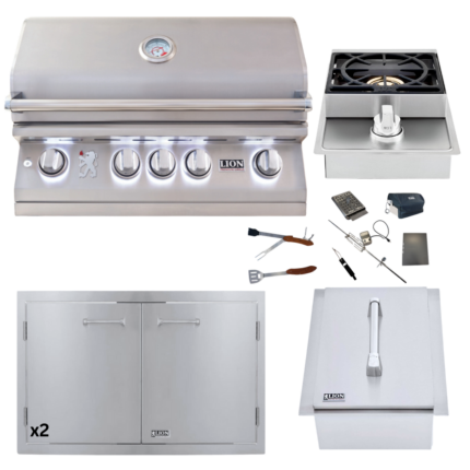 Lion Premium Grills Package Deal: L75000 32-Inch Grill, 33-inch Double Door x2, Ice Bin, Single Side Burner, and 5 in 1 BBQ Tool Set