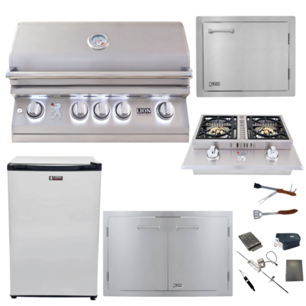 Lion Premium Grills Package Deal:L75000 32-Inch Grill, 33-inch Double Door, Double Side Burner, Single H Door, Fridge and 5 in 1 BBQ Tool Set