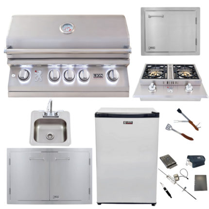 Lion Premium Grills Package Deal: L75000 32-Inch Grill, Double Side Burner, Single Horizontal Door, Sink, Refrigerator, & 5-in-1 BBQ Tool Set