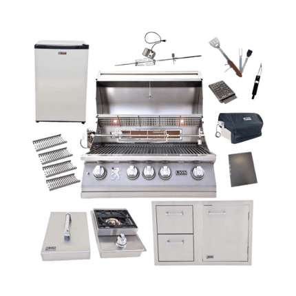 Lion Premium Grills Package Deal: L75000 32-Inch Grill, 4 Ceramic Tubes w/ Flame Tray, Door and Drawer Combo, Single Side Burner, Refrigerator