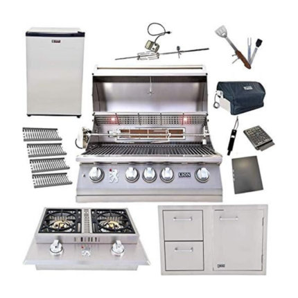 Lion Premium Grills Package Deal: L75000 32-Inch Grill with 4 Ceramic Tubes w/ Flame Tray and Door and Drawer Combo and Double Side Burner and Refrigerator and 5 in 1 BBQ Tool Set