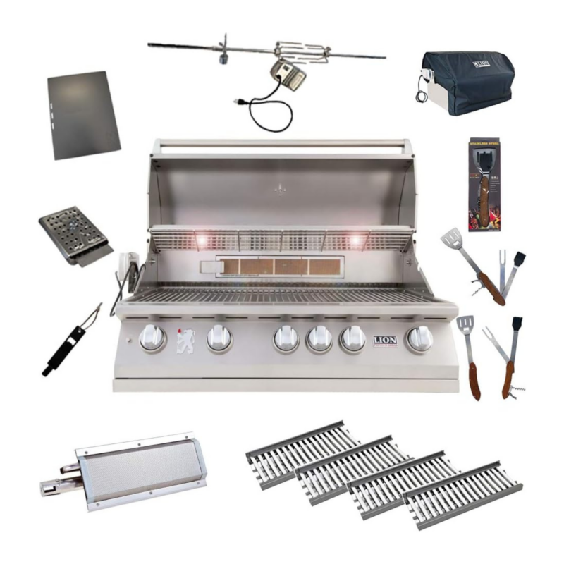 Lion Premium Grills Package Deal: L90000 40-Inch Grill with 4 Ceramic Tubes w/ Flame Tray and Searing Burner and 5 in 1 BBQ Tool Set