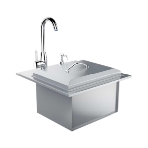 Premium 21 X 20 Outdoor Rated Stainless Steel Drop In Sink With Hot/Cold Faucet – B-PS21 by Sunstone includes sink cover and cutting board.