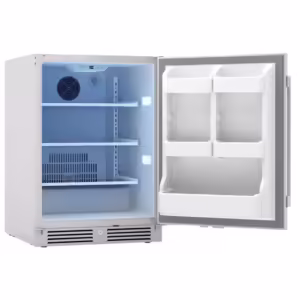 24-Inch Outdoor Single Zone Outdoor Refrigerator by Zephy Open door with Door Shelves and plenty of space for your drinks and food.