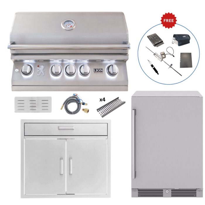 LUX75-P001 - Lion Outdoor Kitchen Lux Package Lion L75000 32” Built-In Grill, 30” Double Door, & 24” Outdoor Beverage Cooler (FREE Gourmet Package!)