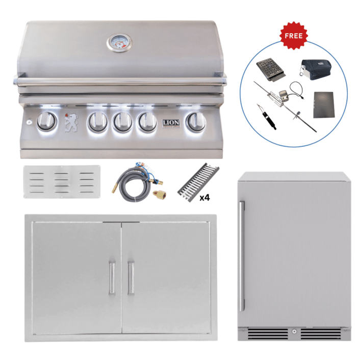 Lion Outdoor Kitchen Lux Package: Lion L75000 32” Built-In Grill, 32” Double Door & 24” Outdoor Beverage Cooler (FREE Gourmet Package & Island Bundle Accessories!)