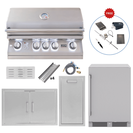 LUX75-P004 Lion Outdoor Kitchen Lux Package Lion L75000 32” Built-In Grill, 32” Double Door, 24” Outdoor Beverage Cooler & 13” Built-In Trash Bin (FREE Gourmet Package & Island Bundle Accessories!