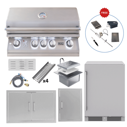 LUX75-P005 Lion Outdoor Kitchen Lux Package Lion L75000 32” Built-In Grill, 32” Double Door, 24” Outdoor Beverage Cooler, Drop-In Sink & 21” Vertical Access Door (FREE Gourmet Package & Island Bun