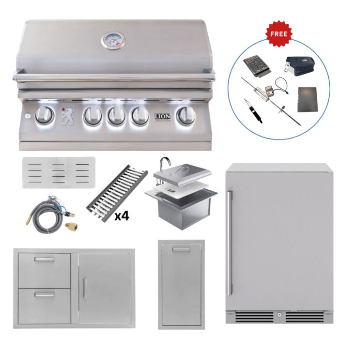 LUX75-P007 Lion Outdoor Kitchen Lux Package L75000 Grill, 32” Combo Door & Drawer, Fridge, Sink & Trash Bin (FREE Gourmet Package & Island Bundle!)