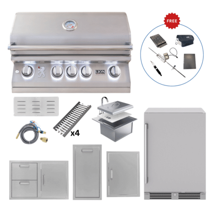 LUX75-P008 Lion Outdoor Kitchen Lux Package L75000 Grill, 32” Combo Door & Drawer, Fridge, Sink, Trash Bin & Vertical Door (FREE Gourmet Package & Island Bundle!)