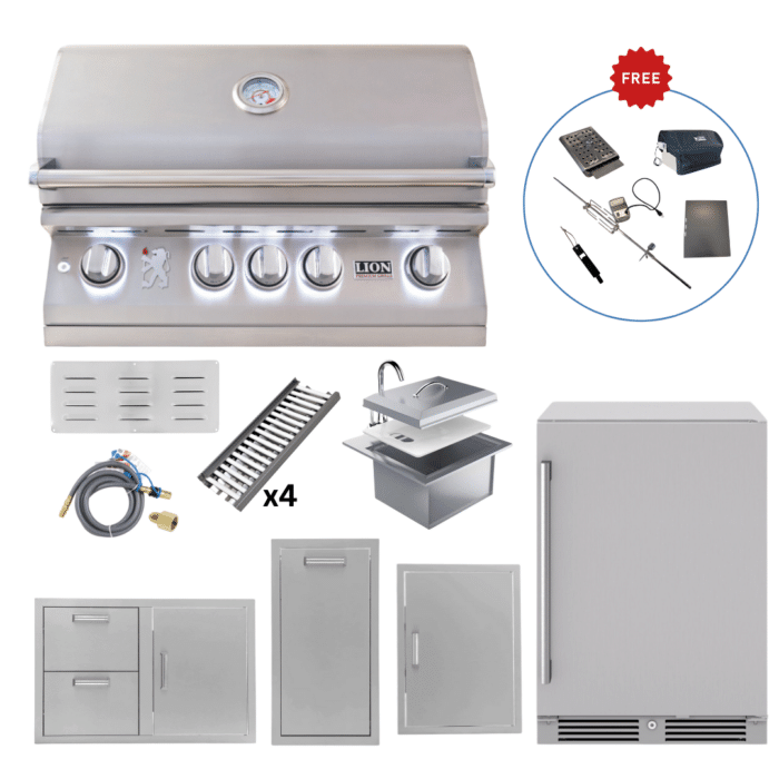 LUX75-P008 Lion Outdoor Kitchen Lux Package L75000 Grill, 32” Combo Door & Drawer, Fridge, Sink, Trash Bin & Vertical Door (FREE Gourmet Package & Island Bundle!)