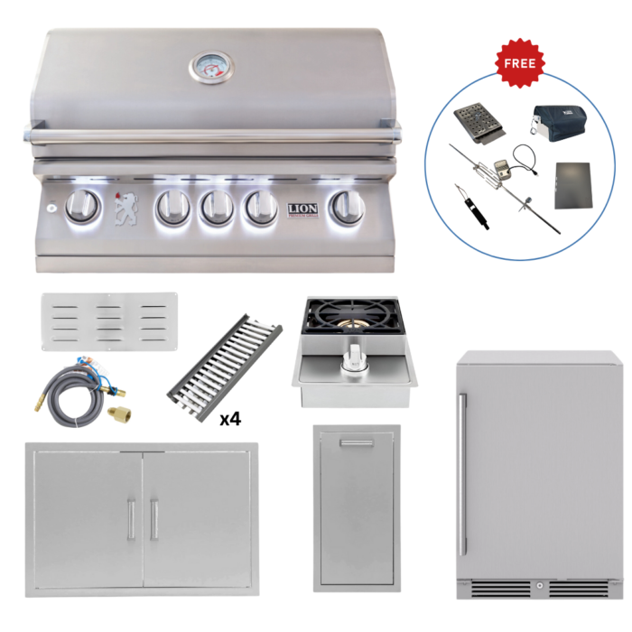 LUX75-P012 Lion Outdoor Kitchen Lux Package L75000 Grill, Side Burner, 30” Double Door, Fridge & Narrow Trash Bin (FREE Gourmet Package & Island Bundle!)