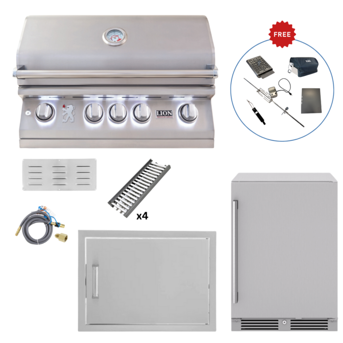 Lion Outdoor Kitchen Lux Package: L75000 Grill, 28” Horizontal Door, Fridge & Island Accessories (FREE Gourmet Package!)