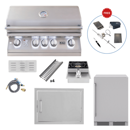 LUX75-P015 Lion Outdoor Kitchen Lux Package: L75000 Grill, Side Burner, 28” Horizontal Door, Fridge & Island Accessories (FREE Gourmet Package!)