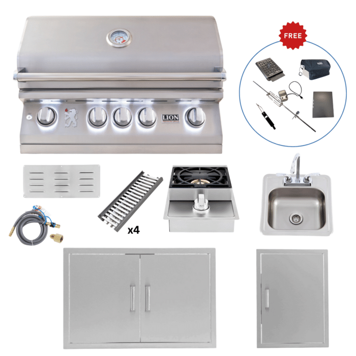 LUX75-P017 Lion Outdoor Kitchen Lux Package L75000 Grill, Side Burner, Bar Sink, Double & Vertical Doors (FREE Gourmet Package & Island Accessories!)