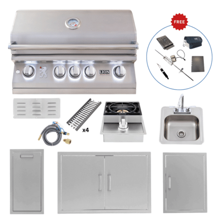 LUX75-P018 Lion Outdoor Kitchen Lux Package L75000 Grill, Side Burner, Bar Sink, Double & Vertical Doors, Narrow Trash Bin (FREE Gourmet Package & Island Accessories!)