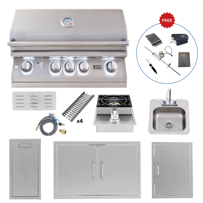 Lion Outdoor Kitchen Lux Package: L75000 Grill, Side Burner, Bar Sink, Double & Vertical Doors, Narrow Trash Bin (FREE Gourmet Package & Island Accessories!)