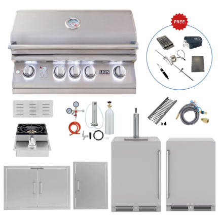 LUX75-P020 Lion Outdoor Kitchen Lux Package L75000 Grill, Side Burner, Double Door, Fridge, Kegerator & Vertical Door (FREE Gourmet Package & Island Accessories!)