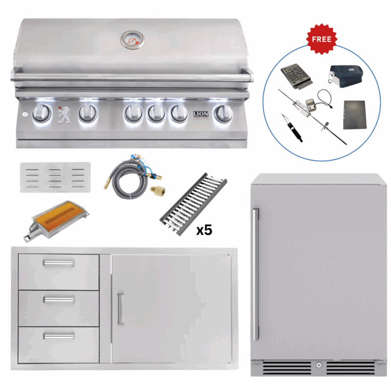 Lion Outdoor Kitchen Lux Package: L90000 40″ Grill, 39″ Door & Drawer Combo, 24″ Outdoor Beverage Cooler, Premium Island Upgrades (FREE Gourmet Package) LUX90-P001