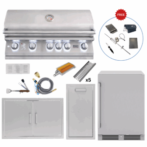 Lion Outdoor Kitchen Lux Package: L90000 40″ Grill, 40″ Double Door, 13″ Roll‑Out Trash Bin & 24″ Outdoor Beverage Cooler & Island Bundle Accessories!  (FREE $350 Gourmet Package!)