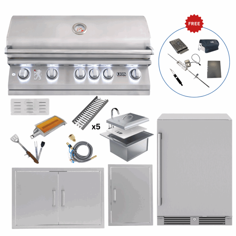 LUX90-P005 Lion Outdoor Kitchen Lux Package Lion L90000 40” Built-In Grill, 40” Double Door, 24” Outdoor Beverage Cooler, Drop-In Sink & 21” Vertical Access Door