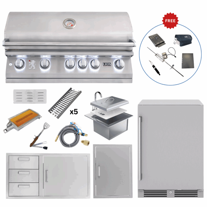 LUX90-P006 Lion Outdoor Kitchen Lux Package L90000 Grill, 39” Combo Door & Drawer, Fridge, Sink & Vertical Door