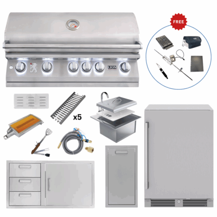 LUX90-P007 Lion Outdoor Kitchen Lux Package L90000 Grill, 39” Combo Door & Drawer, Fridge, Sink & Narrow Trash