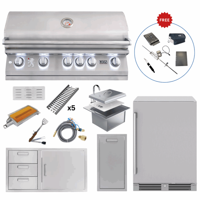 LUX90-P007 Lion Outdoor Kitchen Lux Package L90000 Grill, 39” Combo Door & Drawer, Fridge, Sink & Narrow Trash
