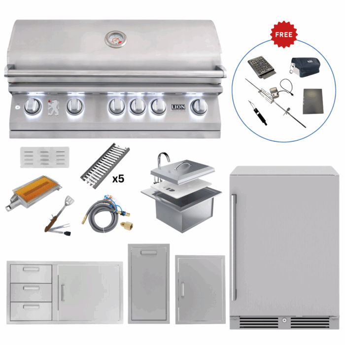 Lion Outdoor Kitchen Lux Package: L90000 Grill, 39” Combo Door & Drawer, Fridge, 21" Sink, Narrow Trash, Verical Door & Island Bundle! (FREE Gourmet Package)