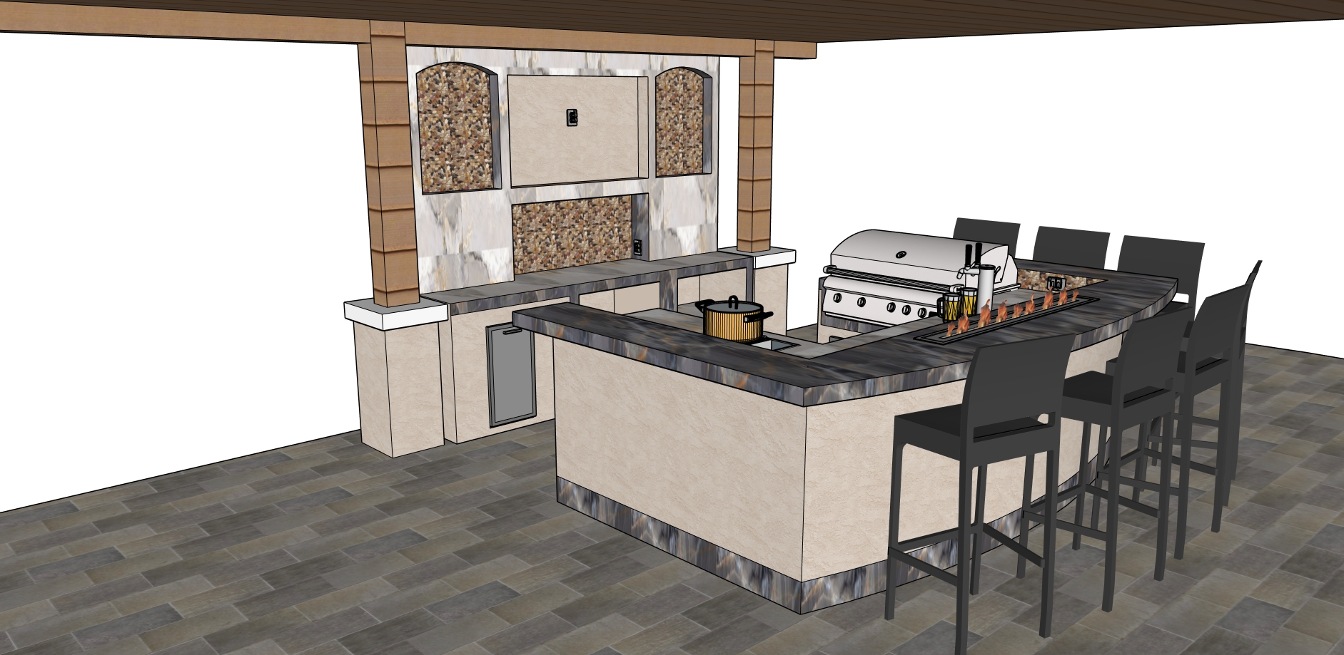 3D rendering of the U-shaped outdoor kitchen showing raised bar with fire pit, 36 inch side walkways, and TV wall alignment