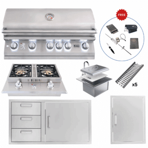 Lion Outdoor Kitchen Lux Package – L90000 Grill, Double Side Burner, Sink, 39″ Combo & Vertical Door w Ceramic Tube Trays and (FREE Gourmet Package)